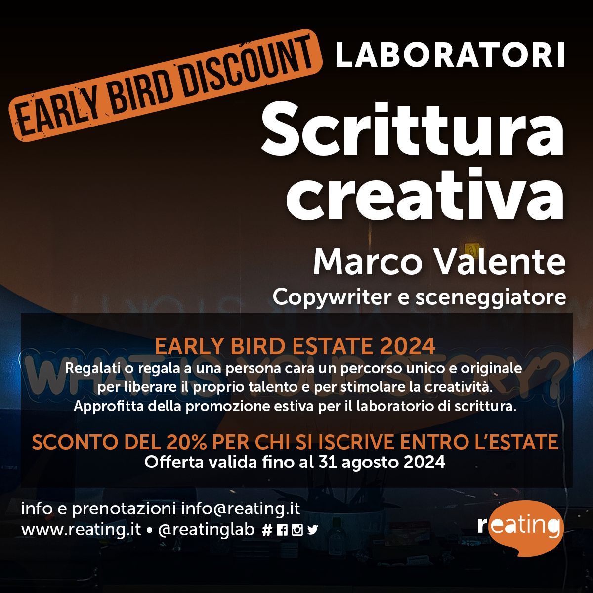 reatinglab's tweet image. Nuova edizione del Laboratorio di Scrittura creativa con Marco Valente.
Regalati o regala a una persona cara un percorso unico e originale, approfitta della promozione estiva!

EARLY BIRD SCONTO DEL 20%
Offerta valida fino al 31 agosto 2024

reating.it/attivita/scrit…