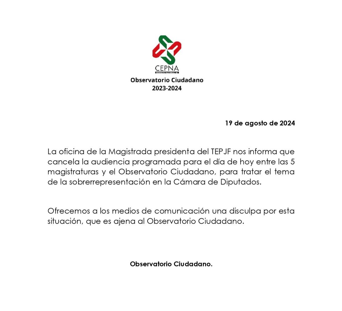 CEPNASC's tweet photo. 🚨La oficina de la Magistrada presidenta del TEPJF nos informa que cancela la audiencia programada para el día de hoy entre las 5 magistraturas y el Observatorio Ciudadano, para tratar el tema de la sobrerrepresentación en la Cámara de Diputados. https://t.co/MWqxCgOFnm