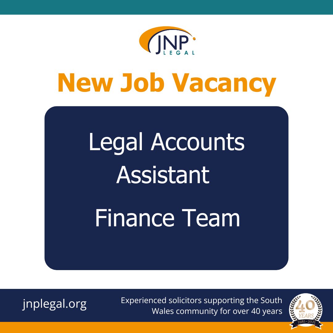 🟠 NEW VACANCY 🟠

We are looking for a Legal Accounts Assistant to join our Finance Team at our Head Office in Merthyr Tydfil. 

More details available on the careers section of our website.

🔗 jnplegal.org/careers/