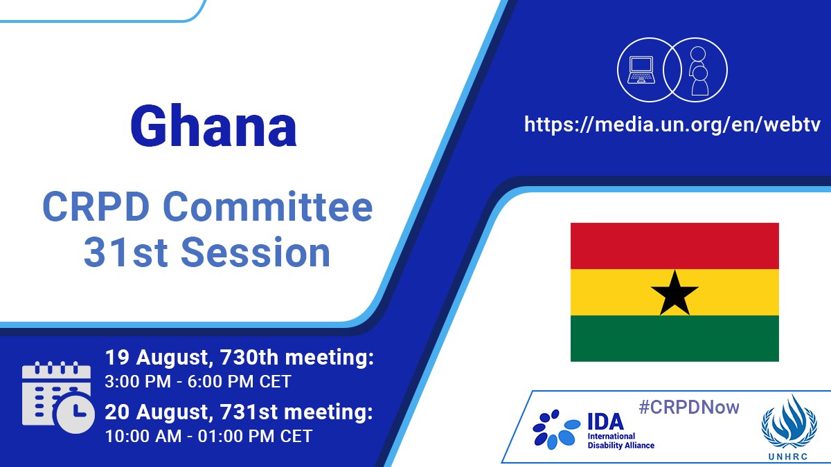 IDA_CRPD_Forum's tweet image. #CRPDNow 👉Join us for the review of Ghana 🇬🇭during #CRPD31

⏰19 August: 3:00 PM - 6:00 PM CET 
📺webtv.un.org/en/asset/k1z/k…

⏰20 August: 10:00 AM - 01:00 PM CET
📺webtv.un.org/en/asset/k1f/k…

📍@UNGeneva