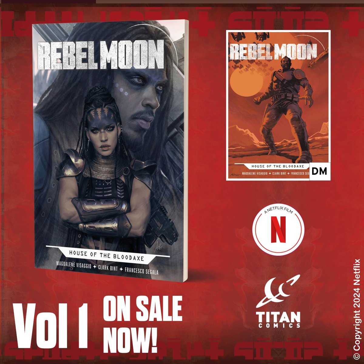 Out now from Titan Comics. Rebel Moon: House of the Bloodaxe Vol.1 by Magdalene Visaggio and Clark Bint! In shops now: titan-comics.com/c/2043-rebel-m… 
DM cover also available!