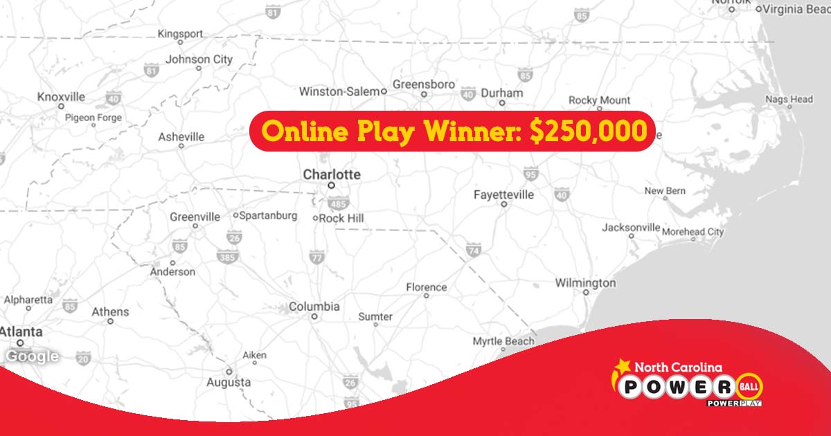 nclottery's tweet image. In Saturday night's #Powerball drawing, a #NCLottery player in #Conover scored a $250,000 win after matching 4 white balls and the Powerball with a 5X Power Play multiplier. The winner purchased their ticket through Online Play. Congratulations to the lucky winner!