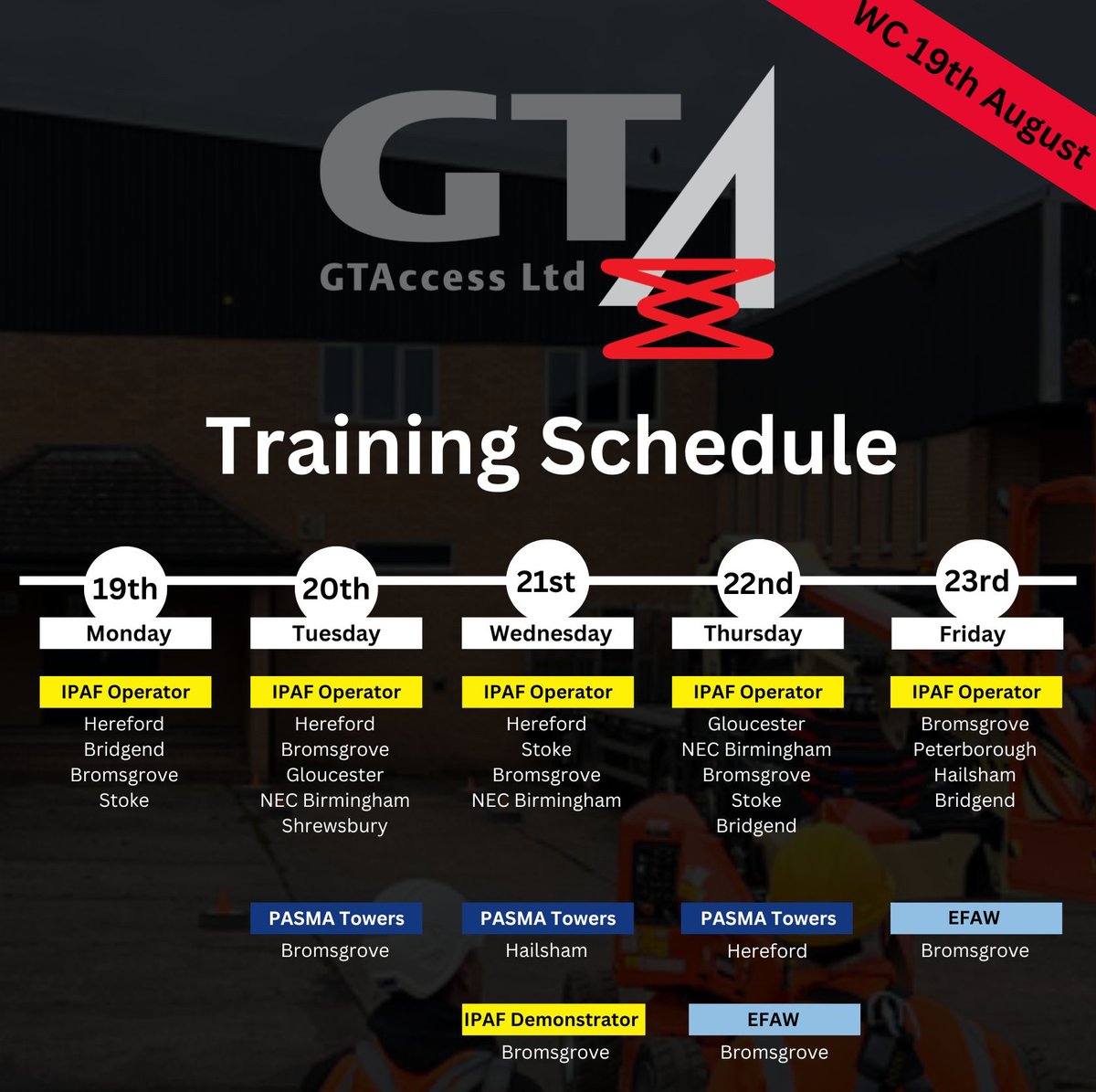 GTAccessLtd's tweet photo. Book a IPAF, PASMA, EFAW training course from 19th to 23rd August  🌟
It's a valuable opportunity to learn and grow!

📆  https://t.co/HS0efUE1TB
☎️ 0️⃣1️⃣5️⃣2️⃣7️⃣ 8️⃣7️⃣6️⃣7️⃣9️⃣8️⃣ 
💻 training@gtaccess.co.uk
#IPAFtraining 
#PASMAtraining 
#Citbtraining 
#ConstructionTraining https://t.co/d0oGzgREFc