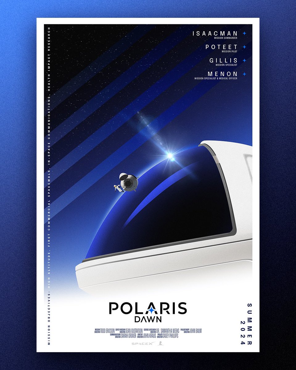 kylewis512's tweet photo. The Polaris Dawn is about to launch, with the amazing mission of the first commercial space walk, and one of the astronauts is one of my wife’s best friends from TCU. Go, Anna!! So, I made a poster to celebrate the launch! #polarisdawn @SpaceX @PolarisProgram https://t.co/W9WWkGy98Y