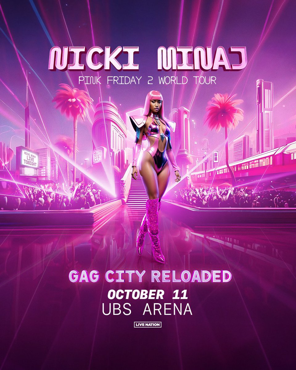 UBSArena's tweet photo. 🎀 Barbz!! Get Ready…@NICKIMINAJ’s #PinkFriday2 WORLD TOUR LEG 2 starts next month and hits UBS Arena on October 11! https://t.co/cUHD30NWNQ

Who’s rollin thru?! 🎀 #GAGCITYRELOADED https://t.co/nzdB0s0FMY