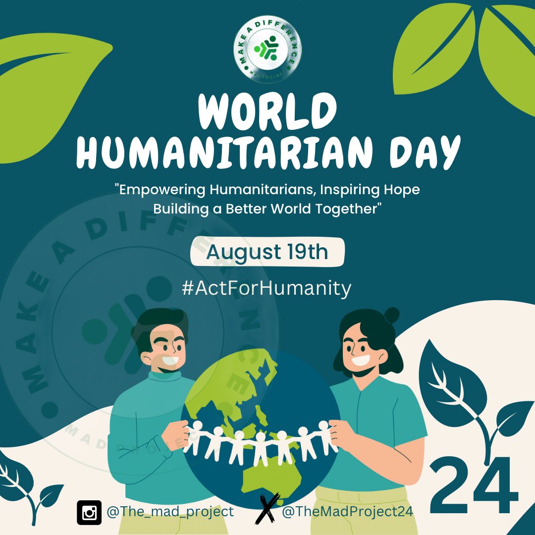 "Today, the Mad Project Team is thrilled to celebrate World Humanitarian Day 2024 with the theme #ActForHumanity! We're using this opportunity to encourage everyone to learn the power of giving, no matter how small.

 #ActForHumanity #MakeADifference #SpreadLove #madproject