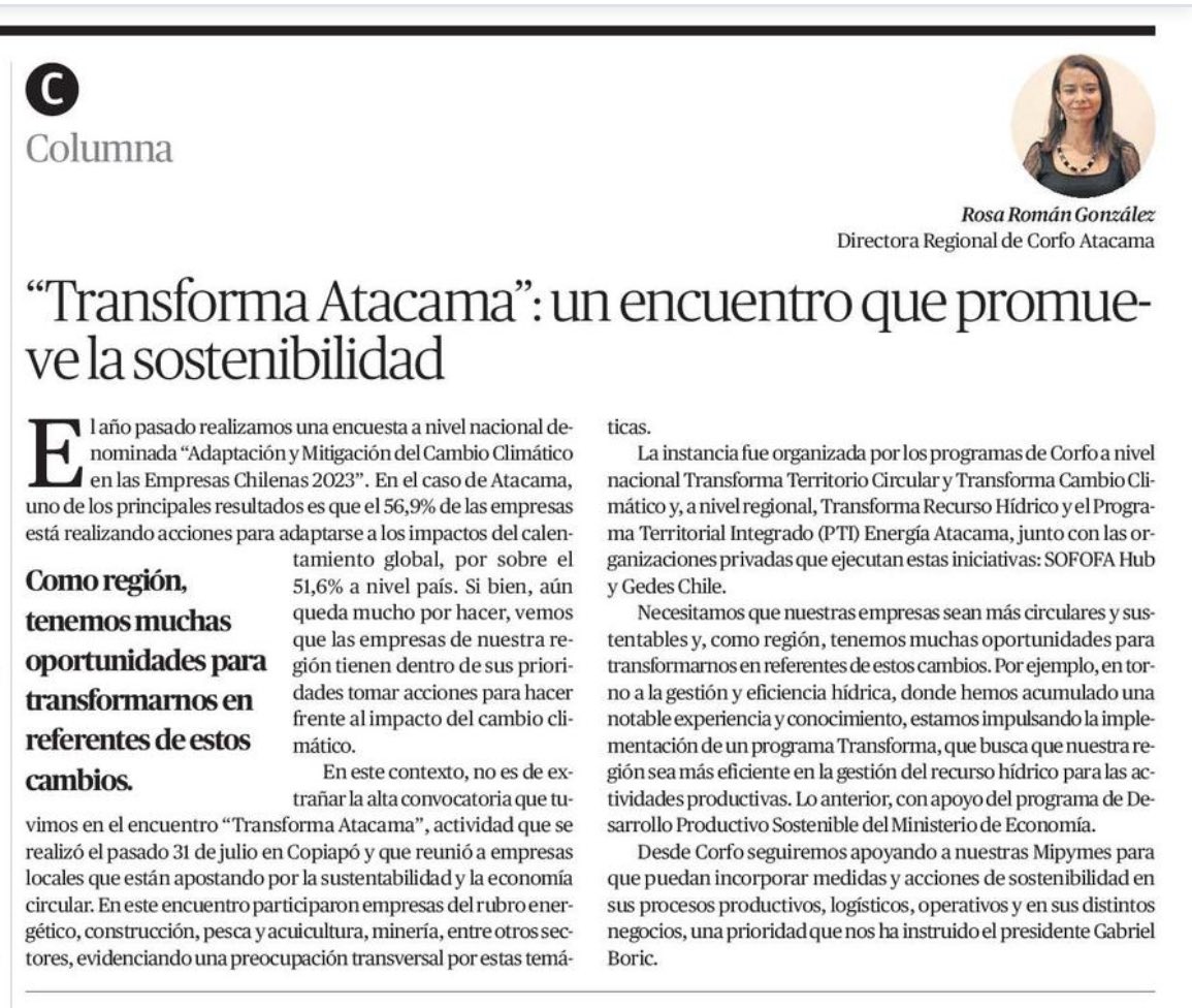 Te invitamos a leer columna de opinión de directora regional, Rosa Román, publicada este fin de semana en <a href="/diarioatacama/">Diario Atacama</a> donde se refiere a “Transforma Atacama”, taller realizado el pasado 31 de julio y que reunió a empresas regionales que están apostando por la sostenibilidad.