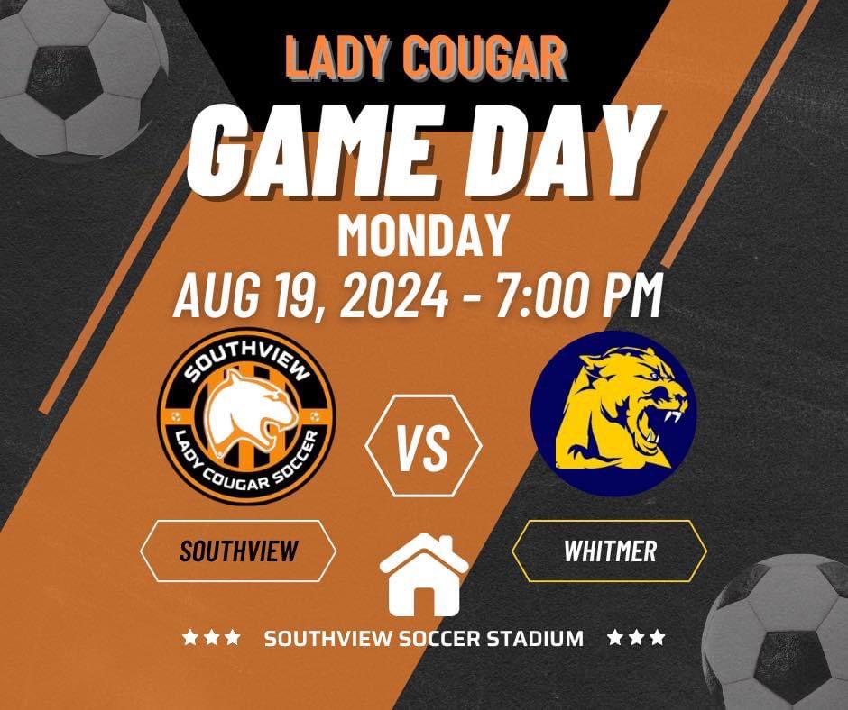 ⚽️🧡GAME DAY 🧡⚽️
📆 August, 19th 2024
🆚 Whitmer Panthers
🕖 7:00 PM
📍SV Soccer Stadium
🎟️ southviewcougars.org/main/ticketing