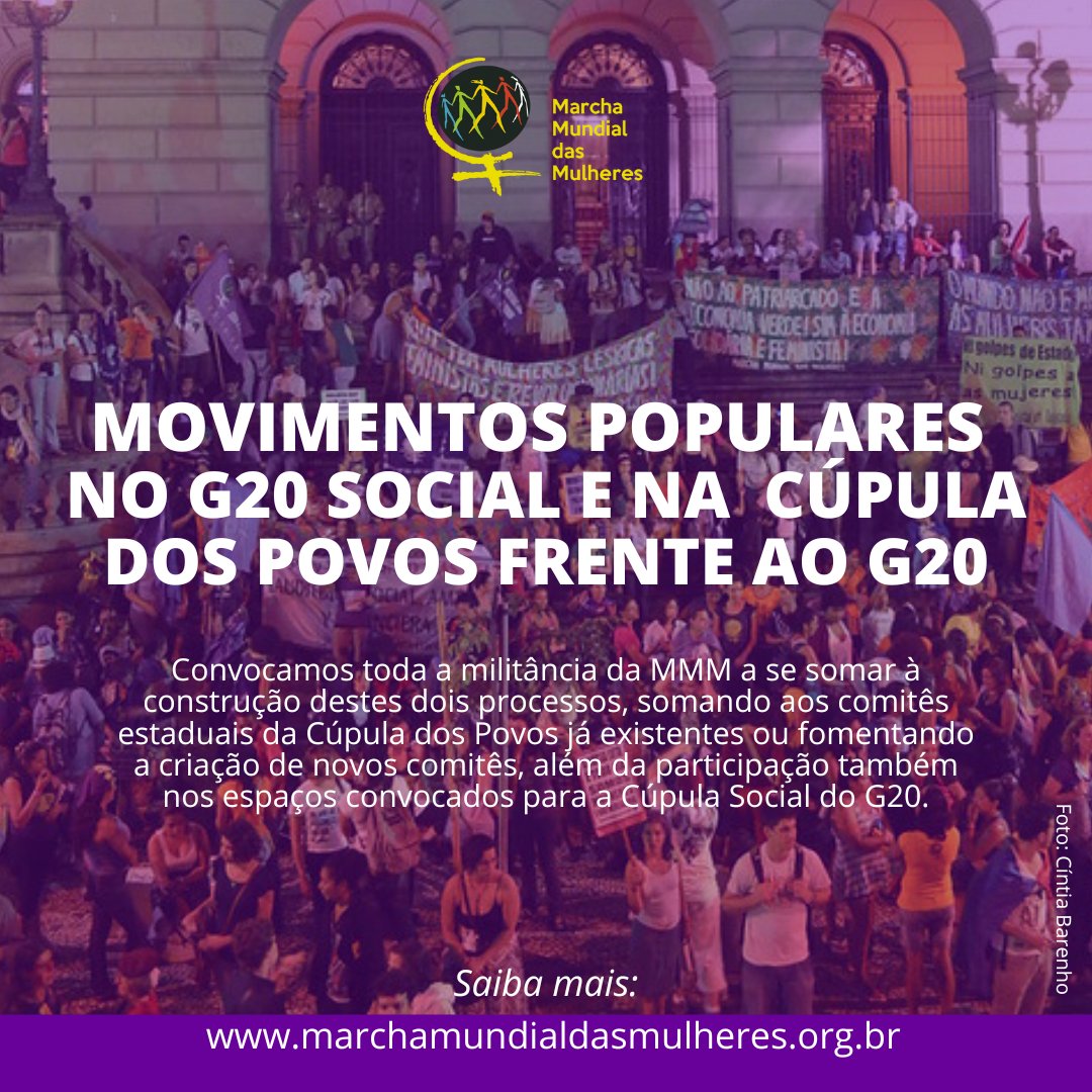 marchamulheres's tweet photo. 🌎 Em novembro de 2024, o Brasil sediará a reunião do #G20, grupo que consiste na articulação de 19 grandes economias globais, além da União Africana e a União Europeia. Uma iniciativa a qual os movimentos historicamente tecem suas críticas e constroem suas alternativas.  [+] https://t.co/ZZSAFzt9YI