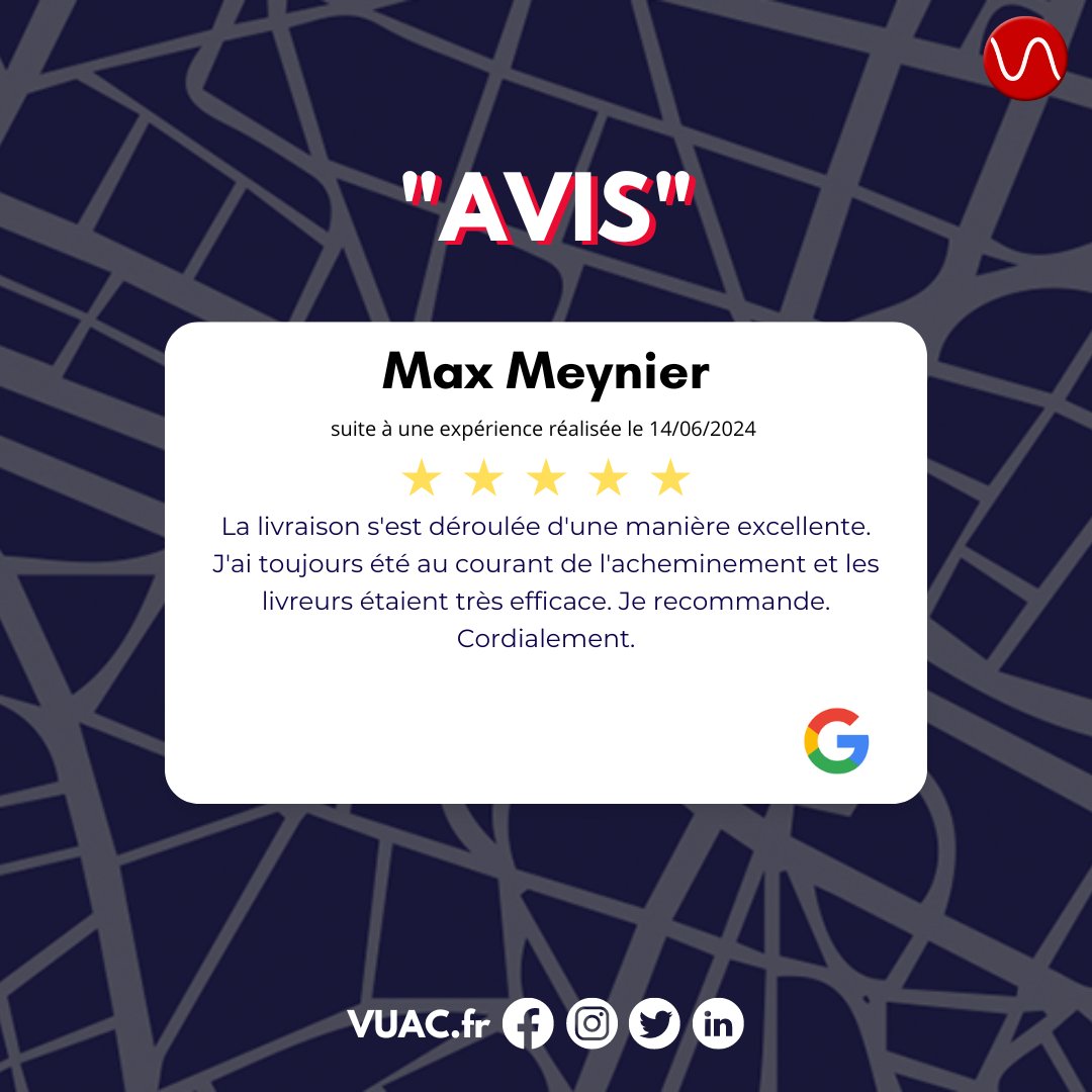 Merci beaucoup Max pour ce superbe avis ! Nous sommes ravis d'avoir répondu à vos attentes. 🚚✨ 

#ClientSatisfait #LivraisonRéussie #VUAC