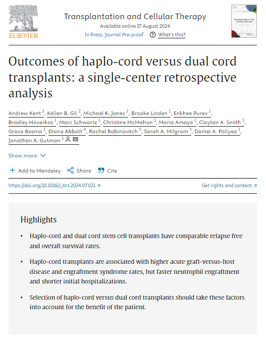 New publication from the <a href="/CUHematology/">CU Anschutz Division of Hematology</a> group including our lymphoma transplanter <a href="/BradHaverkos/">Brad Haverkos</a> about outcomes of haplo-cord versus dual-cord transplants. #bmtsm cc @MariaAmaya_27 <a href="/RRabinovitch/">Rachel Rabinovitch</a> <a href="/SarahMilgrom/">Sarah Milgrom, MD</a> <a href="/DanPollyea/">Daniel Pollyea</a> 
sciencedirect.com/science/articl…