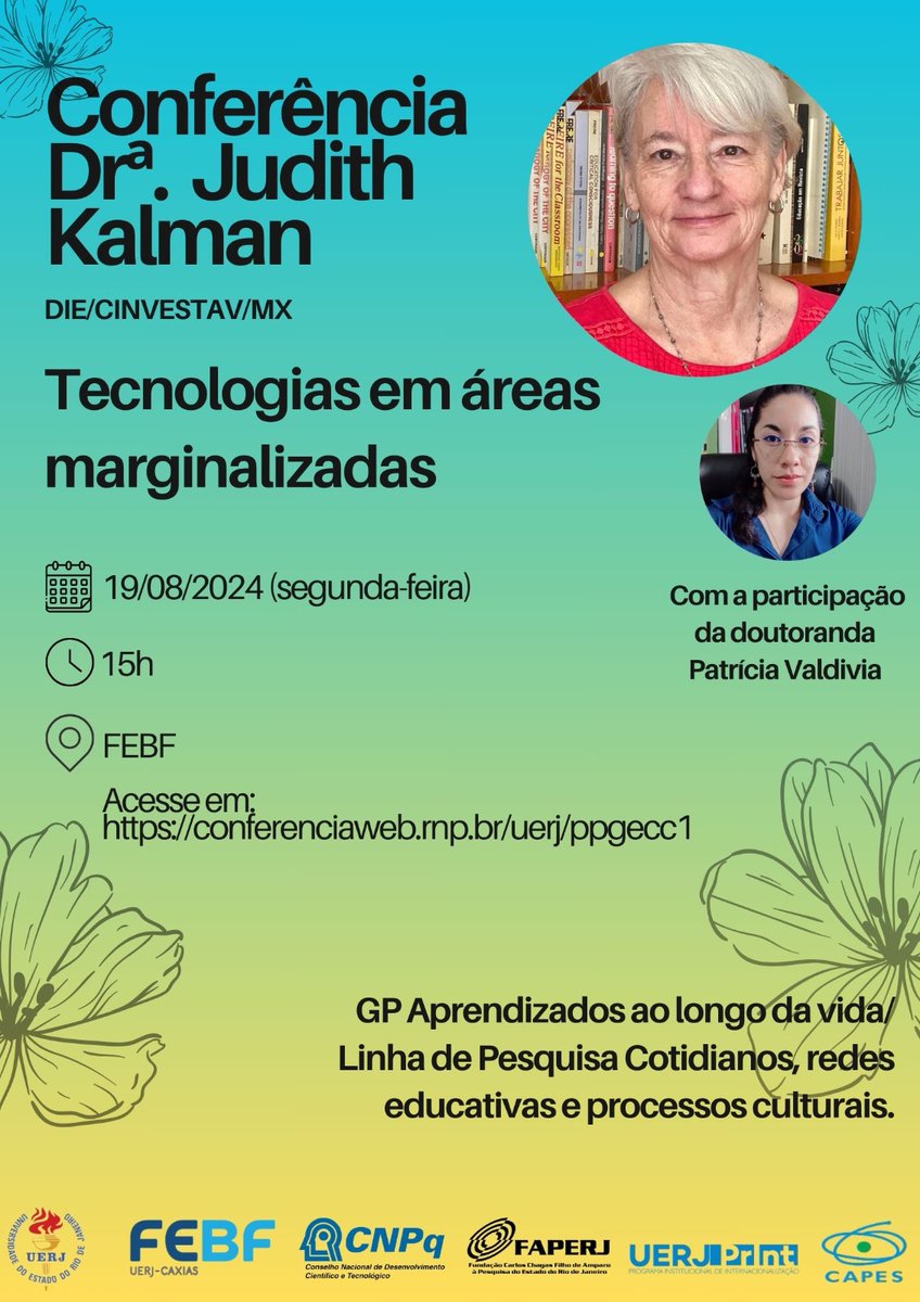 LETS presenta esta tarde la conferencia EN LÍNEA en FEBF -UERJ febf.uerj.br/site/la con la participación de <a href="/DIGITALpuntoED/">JKalman 💚</a>  y <a href="/Clau_Patty5/">Patricia Valdivia</a> del  DIE-Cinvestav a las 15hrs (hr Brasil) / 12hrs (hr MX). Agradecemos a la Dra. Jane Paiva y a la universidad 
conferenciaweb.rnp.br/uerj/ppgecc1