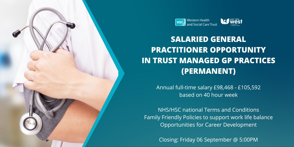 We are currently recruiting for Salaried General Practitioners for Trust Managed GP Practices (Permanent).

Apply online: jobs.hscni.net/Job/36550/sala…

Closing: Friday 06 September 2024 at 5:00pm