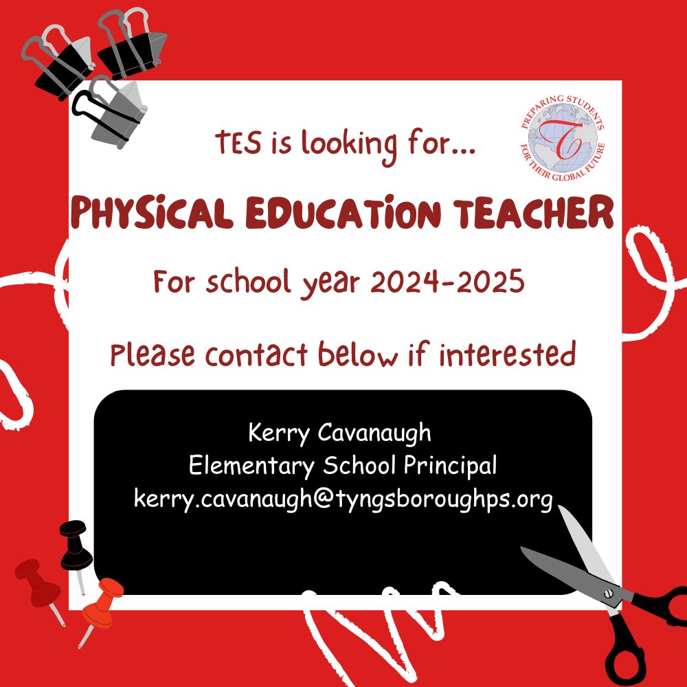 Tyngsborough Elementary School is hiring for a Physical Education Teacher for the 24-25 upcoming school year! 

If your interested in this position please contact 
kerry.cavanaugh@tyngsboroughps.org #tpsprepares #nowhiring