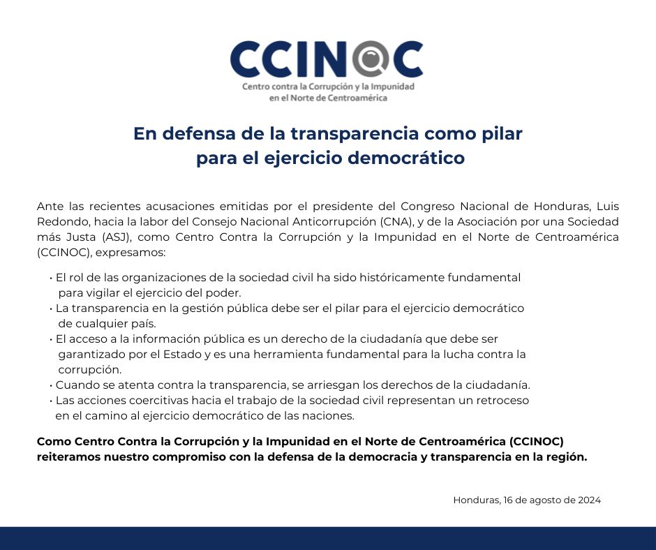 #Comunicado
En el #CCINOC rechazamos las recientes acusaciones del Congreso Nacional de Honduras contra el <a href="/cnahonduras/">CNA Honduras</a> y la <a href="/asjhn1/">Asociación para una Sociedad más Justa (ASJ)</a> y reiteramos nuestro compromiso con la defensa de la democracia y transparencia en la región: