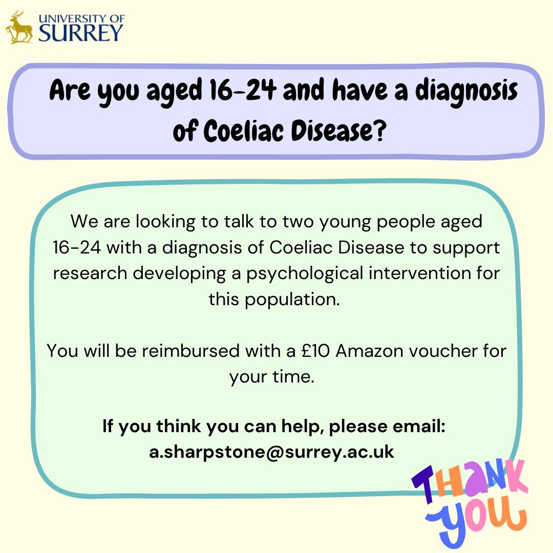 I’m looking to speak to young people aged 16-24 with a diagnosis of Coeliac Disease (CD) to support the development of a psychological intervention for young people with CD. Please get in touch if you would be willing to help! #coeliacdisease #gastropsychology