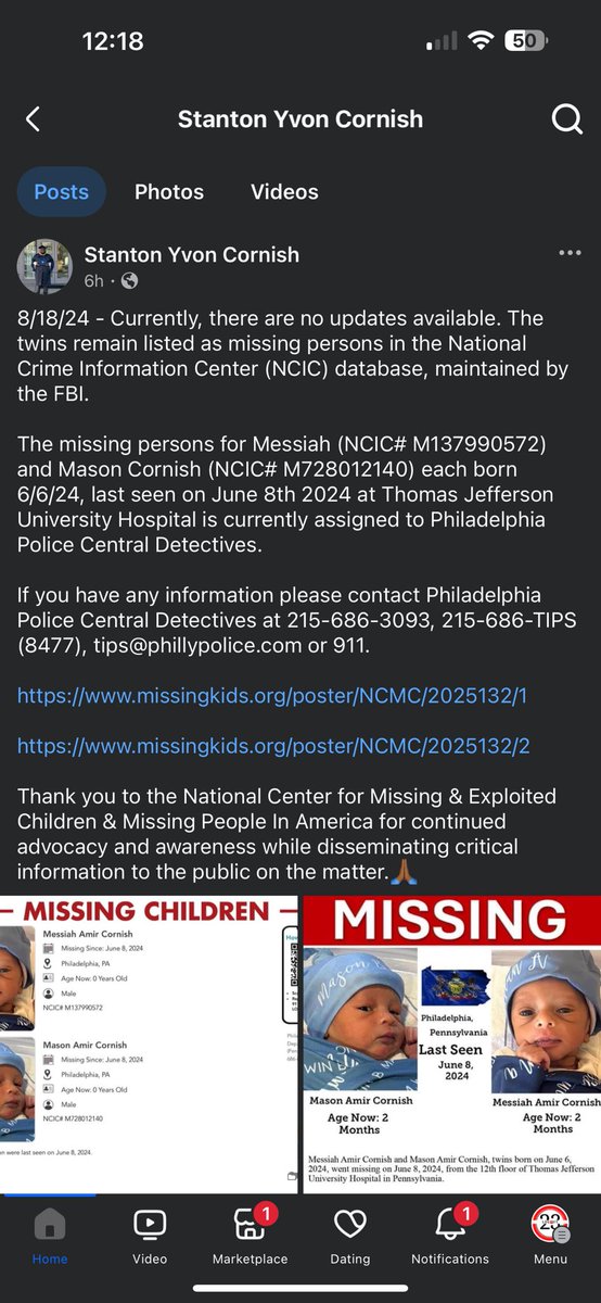🚨URGENT🚨

This babies hasn’t  been located as of today. The twins babies father posted yesterday, and I have found more insights about this situation. (Please see pictures below) 

#MessiahAmirCornish and #MasonAmirCornish, twins were born on June 6, 2024, went missing on June
