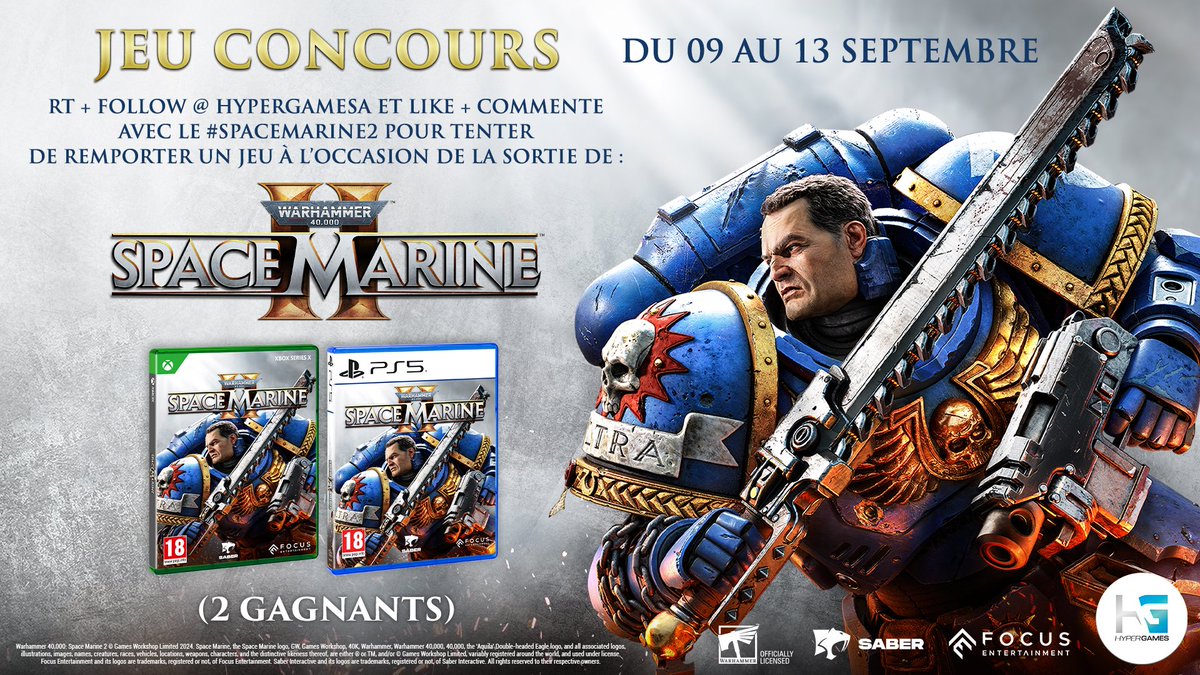 #Concours 

Le capitaine Titus est de retour !

Tentez de remporter un exemplaire du jeu Warhammer 40.000 : Space Marine 2 !

➡️ RT + Follow <a href="/HypergamesA/">Hypergames Auchan</a>
➡️ Like + commente avec le #SpaceMarine2

TAS le 13/09.
