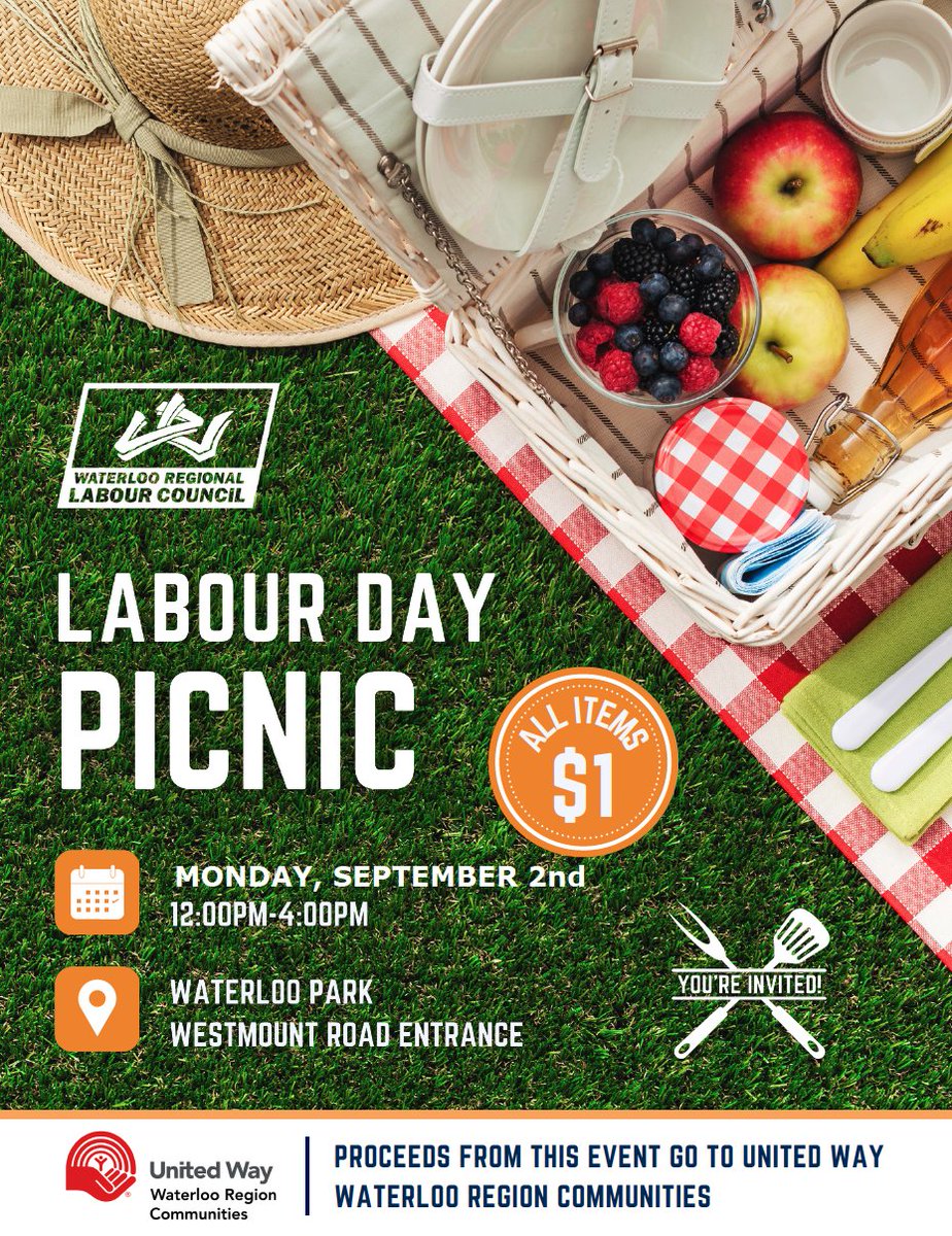 Join us on Sep 2 for the #LabourDay Picnic at Waterloo Park from 12 pm-4 pm! 🎉 All food items just $1. Proceeds support <a href="/UnitedWayWRC/">United Way WRC</a>. See you there! #WaterlooRegion #CommunitySupport #kwawesome