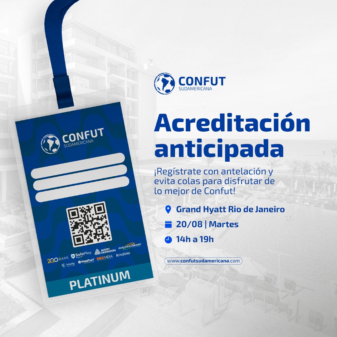 ⏰¡Acreditación anticipada!

✅ ¿Quieres evitar las colas? ¡Es muy sencillo! ¡Todo lo que tienes que hacer es ir a la zona de inscripción de Confut en el Grand Hyatt Río de Janeiro entre las 14:00 y las 19:00 horas de mañana!