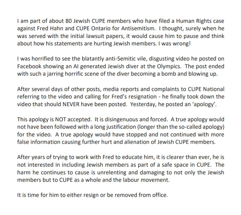 Lawsome_'s tweet photo. My client Carrie Silverberg, who is part of a group of 80 CUPE members suing CUPE for discrimination, has requested I issue the following statement on her behalf regarding Fred Hahn's latest anti-Semitic social media post: https://t.co/oYkXGmpY9S