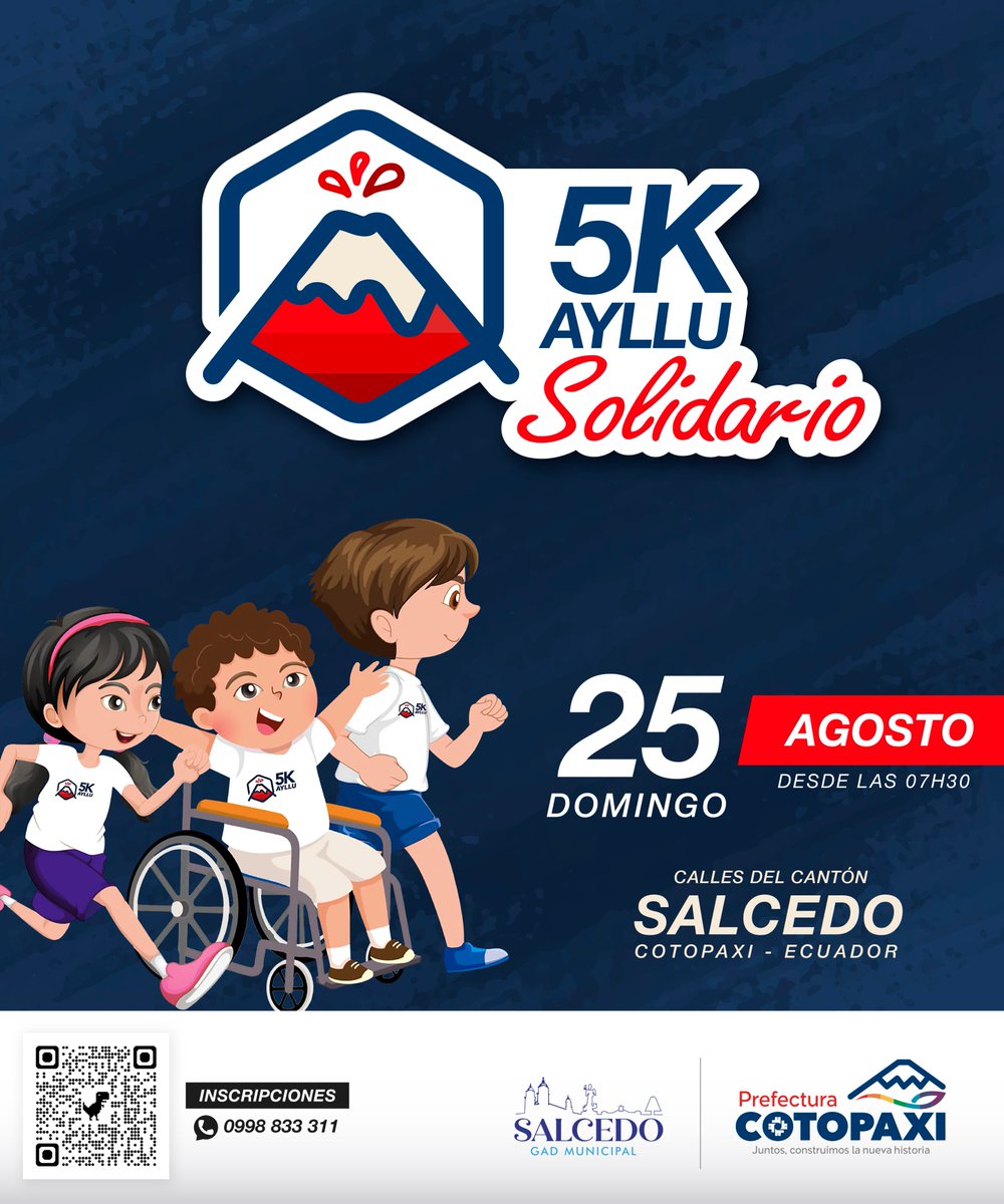 COMPETENCIA ATLÉTICA
5K Ayllu Solidario

Participa con toda tu familia de este evento deportivo recreacional, una iniciativa de la Prefectura de Cotopaxi con el apoyo del GAD Municipal de #Salcedo
