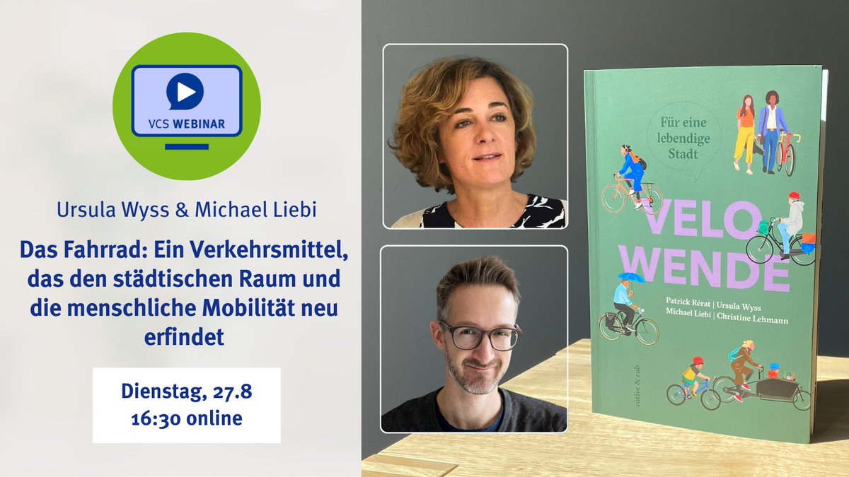 VCS-Webinar 🖥️ «Velowende – für eine lebendige Stadt» ist der ausdrucksstarke Titel des Buches, das im Mittelpunkt der Diskussion dieses Webinars stehen wird.

🗓 Dienstag, 27. August, 16:30 Uhr online
👉 Jetzt gratis anmelden: verkehrsclub.ch/webinare

#webinar #velowende