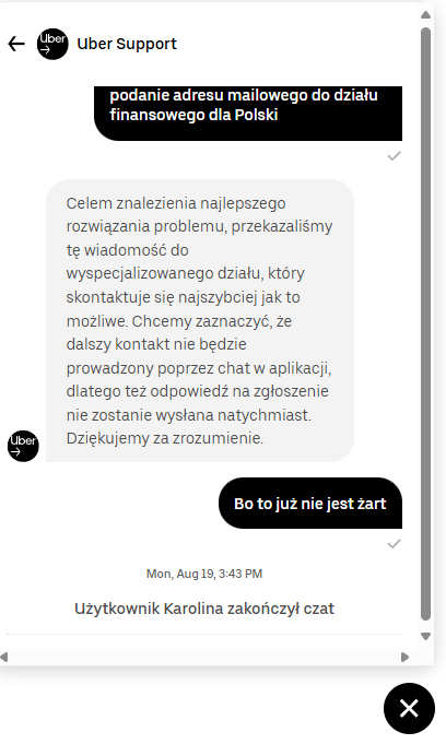 itsgraffy's tweet photo. @Uber @Uber_Support @UberEats 
Hi Uber, I've requested support  couple weeks ago, your "support agents" are closing chat with the same tamplate. Could anyone help to solve invoice problems???
#uber #ubersupport https://t.co/VUZSsqP4MP