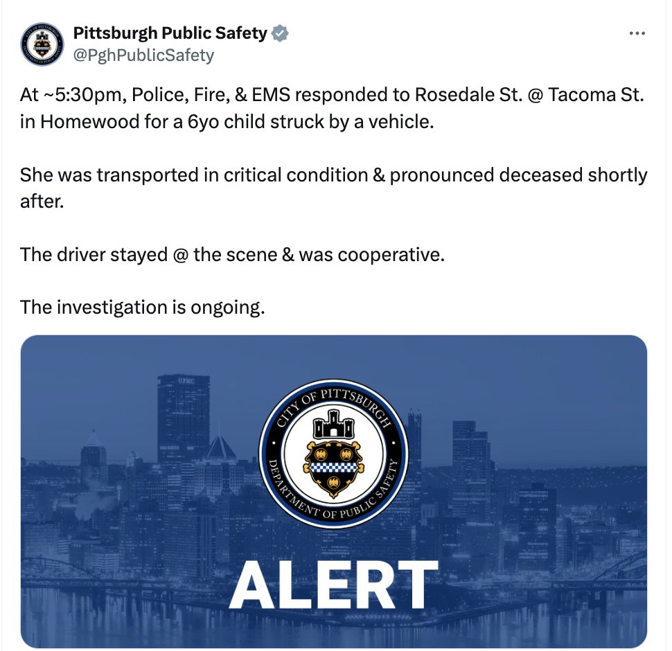 BikePGH's tweet photo. We are deeply saddened to hear that a driver killed a 6 year old girl in Homewood yesterday. 

Everyone deserves safe streets, especially in front of their home. https://t.co/vhmRgbui0H