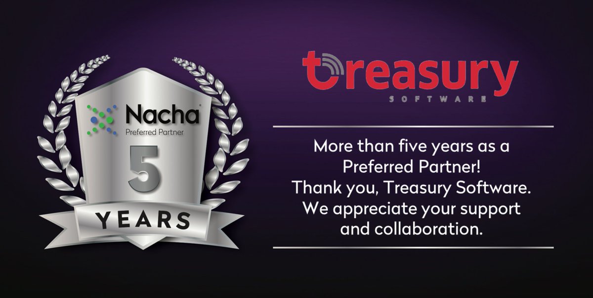 NachaOnline's tweet image. .@GoTreasury has been a Nacha Preferred Partner since 2017. To learn more about Nacha’s Preferred Partners or how Treasury Software helps advance the ACH Network, visit nacha.org/preferred-part… or treasurysoftware.com.