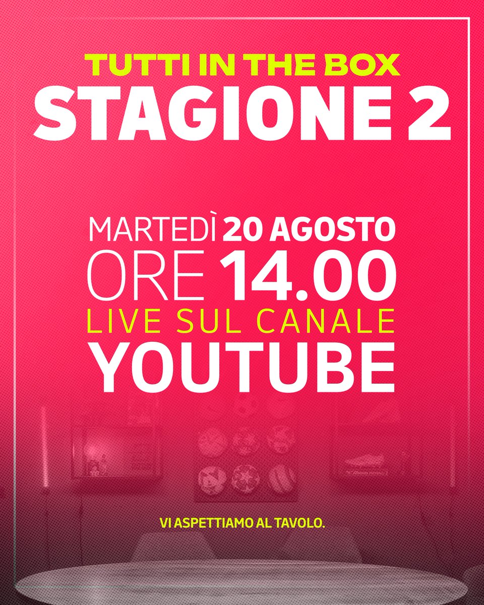 L'attesa è finita!

Domani, 20 agosto alle 14:00, inizia la seconda #stagione di Tutti In The Box e lo faremo ripartendo dal nostro canale #YouTube.

Nuovi #format, #analisi e #ospiti per due ore di puro #calcio ogni settimana. 

Ci sarete? ❤️

youtube.com/@TUTTI-IN-THE-…