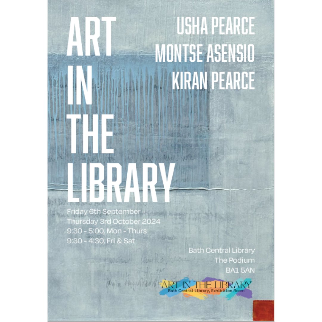 bnes_libraries's tweet image. Our new #ArtInTheLibrary exhibition is opening on Friday at Bath Central Library!

View artwork by Usha Pearce, Montse Asensio and Kiran Pearce.

The exhibition space is used by groups, so check our calendar to make sure the room isn&apos;t busy when you want to see the artwork.