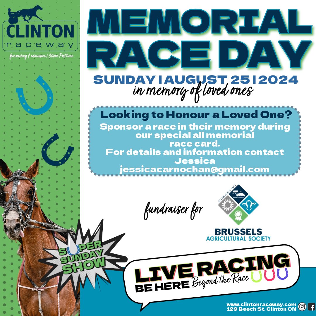 We still have a few races open for Memorial Sponsorship this Sunday during our All Memorial Race Card. 

We honour loved ones that have passed with a named race and provide a gift to be presented in the winner's circle
Cost is $50 contact 
jessicacarnochan@gmail.com for details