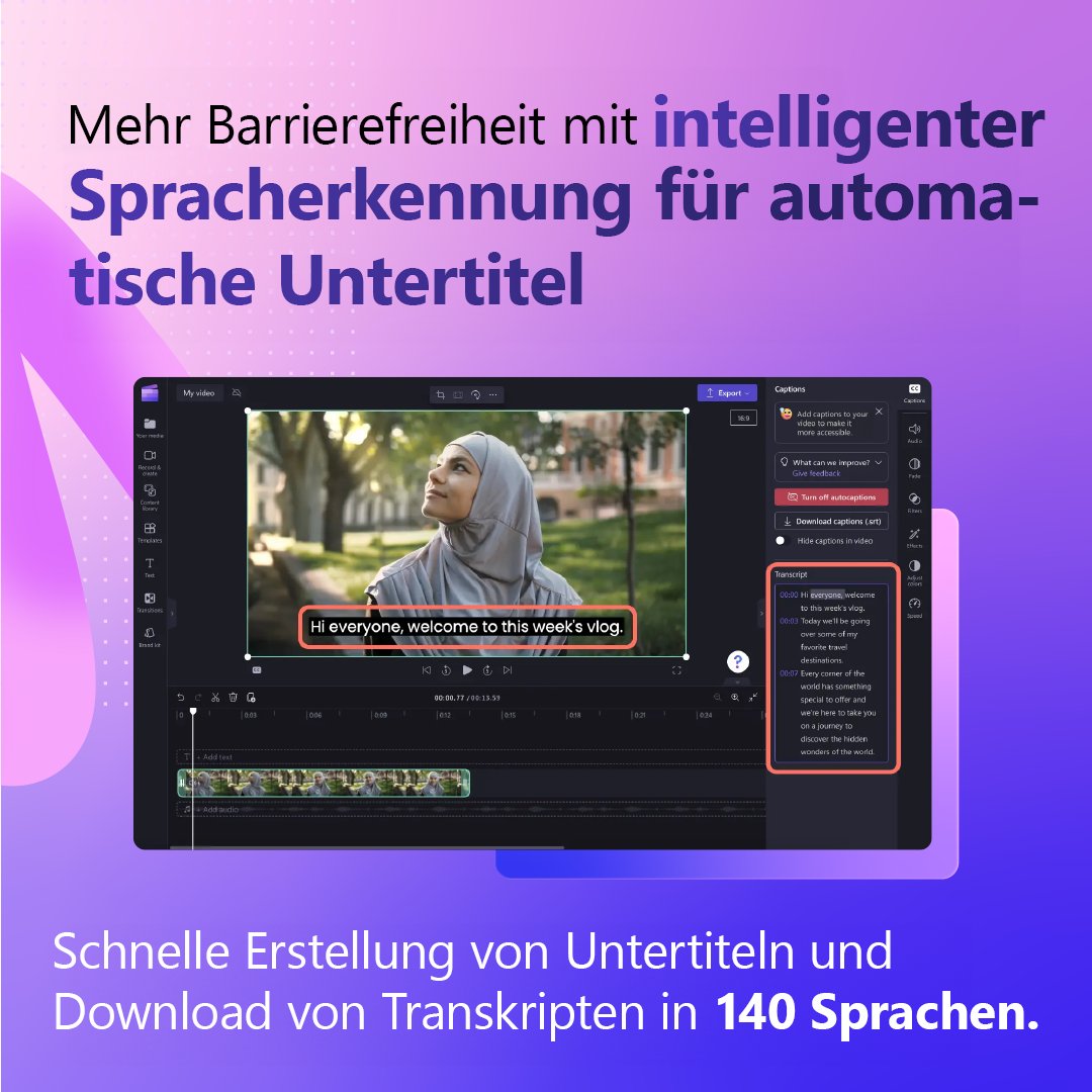💡 Schüler*innen engagieren
💫 Kreativität fördern
🤝 Zusammenarbeit stärken

Nutze KI, um Unterrichtsinhalte mit <a href="/clipchamp/">Clipchamp</a> zu verbessern. Lerne die wichtigsten Funktionen kennen und erfahre, wie du deine Schüler*innen unterstützen kannst: msft.it/6016lswak 
 #MicrosoftEDU