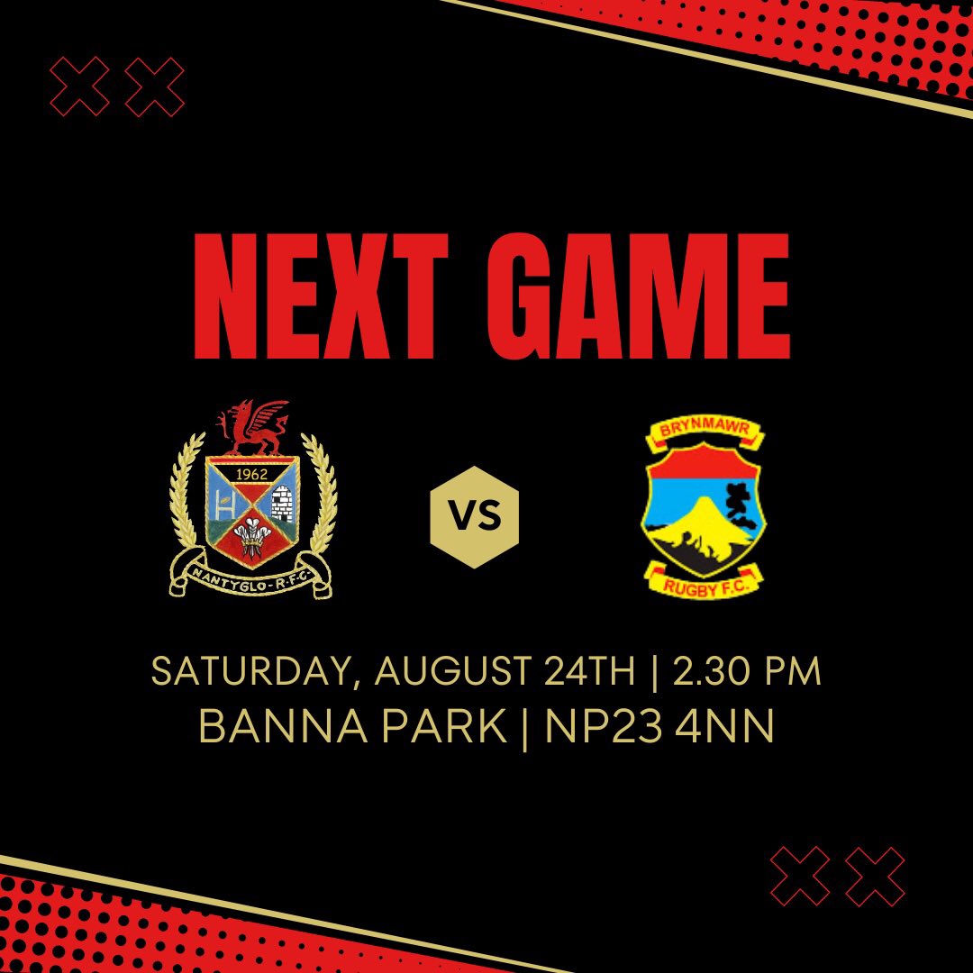 NantygloRugby's tweet photo. ⚫️🔴 NEXT GAME ⚫️🔴

On Saturday we welcome @feelthemawr to the Banna Park for our first home game of the season 🏉

📆.   Saturday, 24th August
🆚.   Brynmawr RFC
⌚️.   2.30pm
📍.   NP23 4NN 

Come along and support the Nantyglo Rfc boys in our third pre season game ⚫️🔴 https://t.co/TFzEX6TBwX