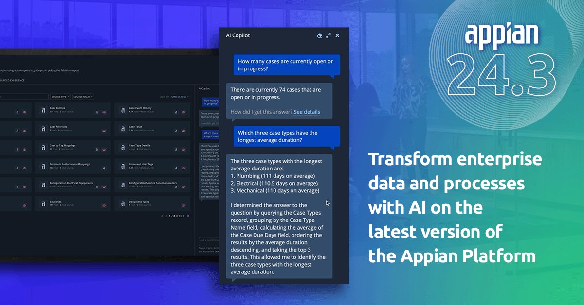 🙌 The latest version of the Appian Platform is designed to transform how organizations orchestrate enterprise data and automate processes.

🗞️ Read all about the Appian 24.3 release: ap.pn/3SVnW95 #EnterpriseAI #ProcessAutomation