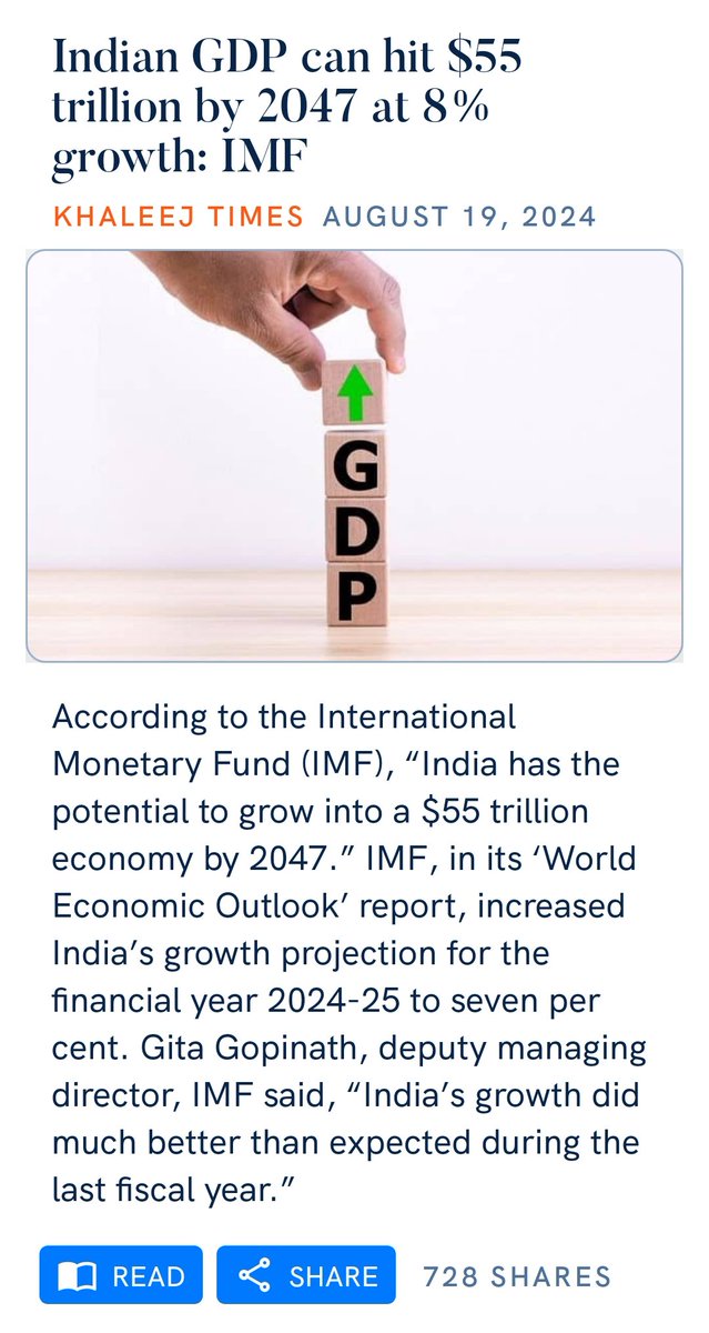 Indian GDP can hit $55 trillion by 2047 at 8% growth: IMF
khaleejtimes.com/business/econo…
