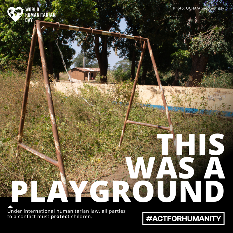 OCHAROWCA's tweet photo. When International Humanitarian Law is breached, the consequences are devastating.

These violations destroy lives and futures. 

Civilians, including humanitarian workers, are not and should never be allowed to be a target.

#WorldHumanitarianDay
 #ActForHumanity