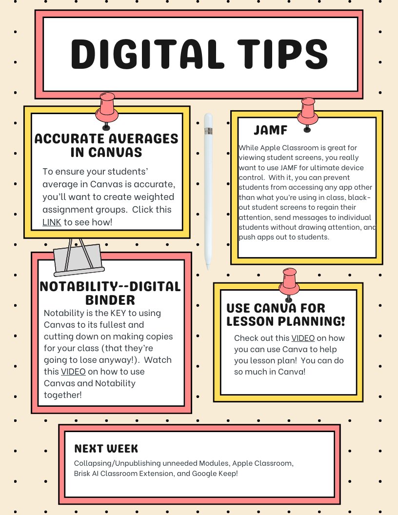 mkatiemoffett's tweet image. 🚀 This week&apos;s Digital Tips Newsletter is here! Learn how to create weighted assignment groups in #Canvas, manage student devices with #JAMF, and explore a video on using #Notability in the classroom. Plus, discover creative lesson planning with #Canva! Don&apos;t miss out!