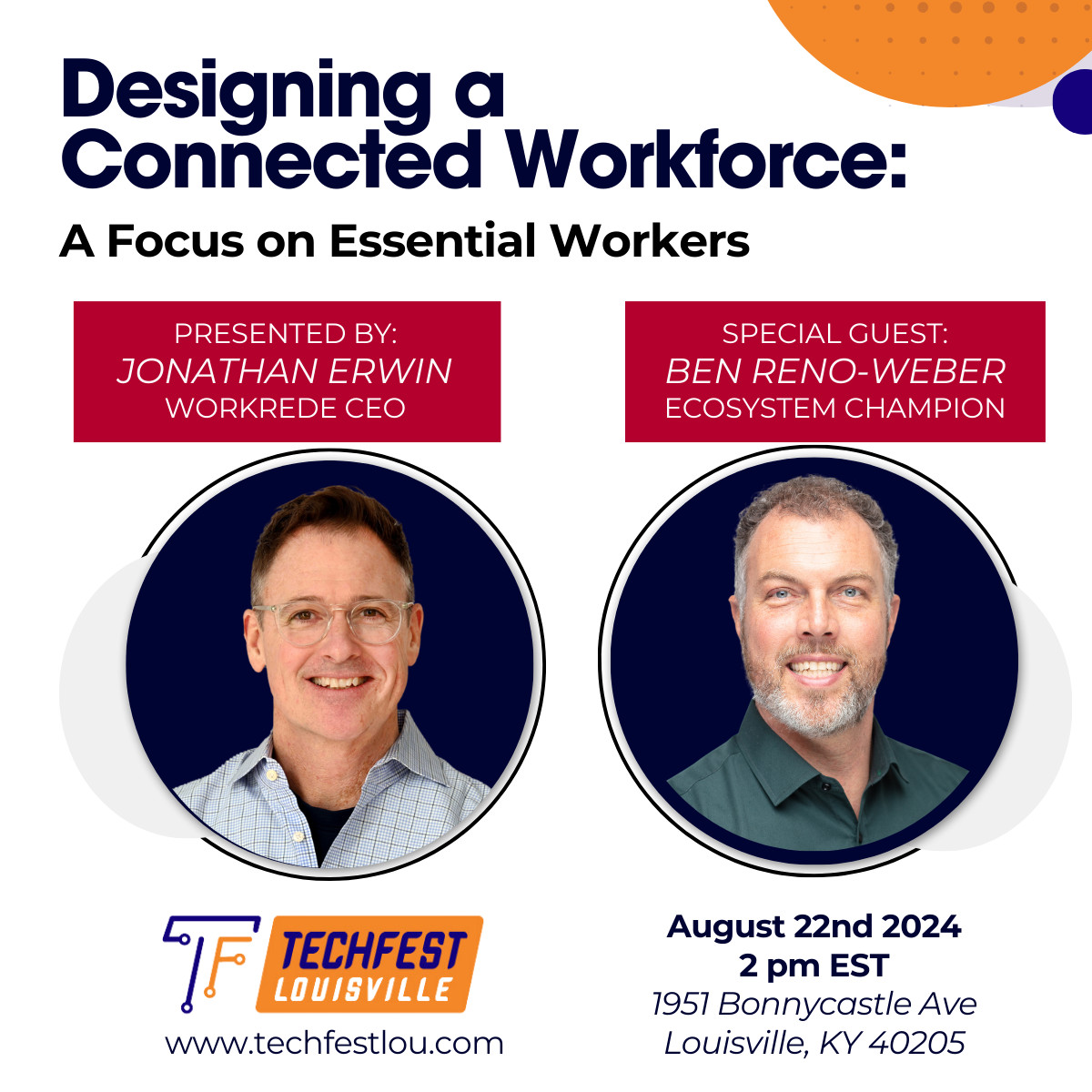 redeapp's tweet image. Join Workrede&apos;s Founder &amp;amp; CEO, Jonathan Erwin, and Ben Reno-Weber, Ecosystem Champion, at Techfest Louisville THIS Thursday, August 22, at 2 p.m. They&apos;ll share insights on connecting with your work, team, and career. techfestlou.com #TechFestLouisville #Innovation