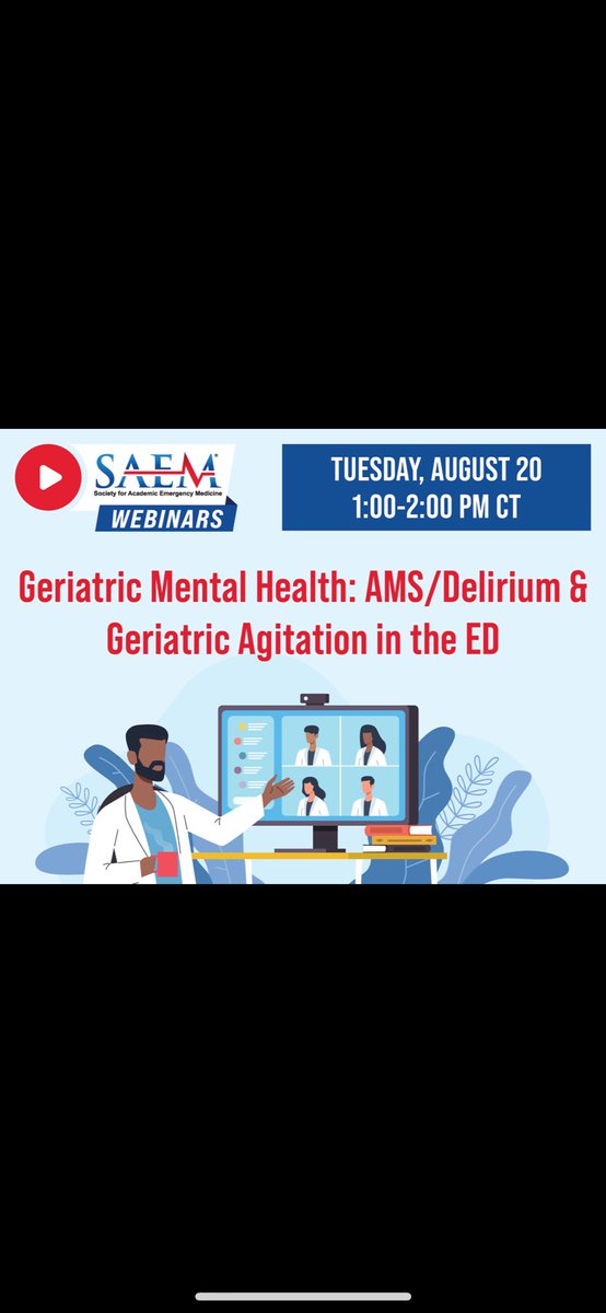 AGEM (@agem_saem) on Twitter photo LAST CALL to join us TOMORROW August 20, 1-2 PM CST for an AGEM/Behavioral & Psychological Interest Group Co-Sponsored Webinar
With <a href="/MauraKennedyMD/">Maura Kennedy</a> and <a href="/ambrosehwong/">Ambrose Wong</a> speaking on AMS/Delirium and Geriatric Agitation in the ED, led by moderators <a href="/emergencyimprov/">Surriya Colleen Ahmad, MD</a> & <a href="/bernardchangMD/">Bernard P. Chang MD PhD</a> LAST CALL to join us TOMORROW August 20, 1-2 PM CST for an AGEM/Behavioral & Psychological Interest Group Co-Sponsored Webinar
With <a href="/MauraKennedyMD/">Maura Kennedy</a> and <a href="/ambrosehwong/">Ambrose Wong</a> speaking on AMS/Delirium and Geriatric Agitation in the ED, led by moderators <a href="/emergencyimprov/">Surriya Colleen Ahmad, MD</a> & <a href="/bernardchangMD/">Bernard P. Chang MD PhD</a>