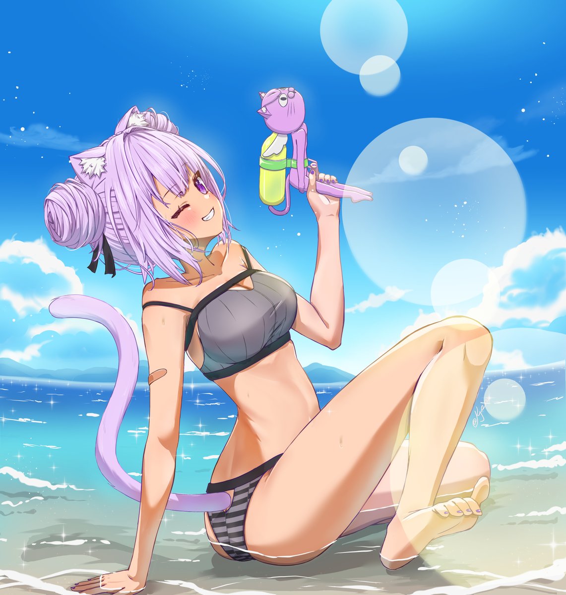猫又おかゆ 「海 気持ちいいねー#絵かゆ 」|キョーセーのイラスト