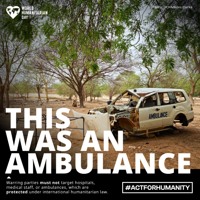 OCHAROWCA's tweet photo. When International Humanitarian Law is breached, the consequences are devastating.

These violations destroy lives and futures. 

Civilians, including humanitarian workers, are not and should never be allowed to be a target.

#WorldHumanitarianDay
 #ActForHumanity