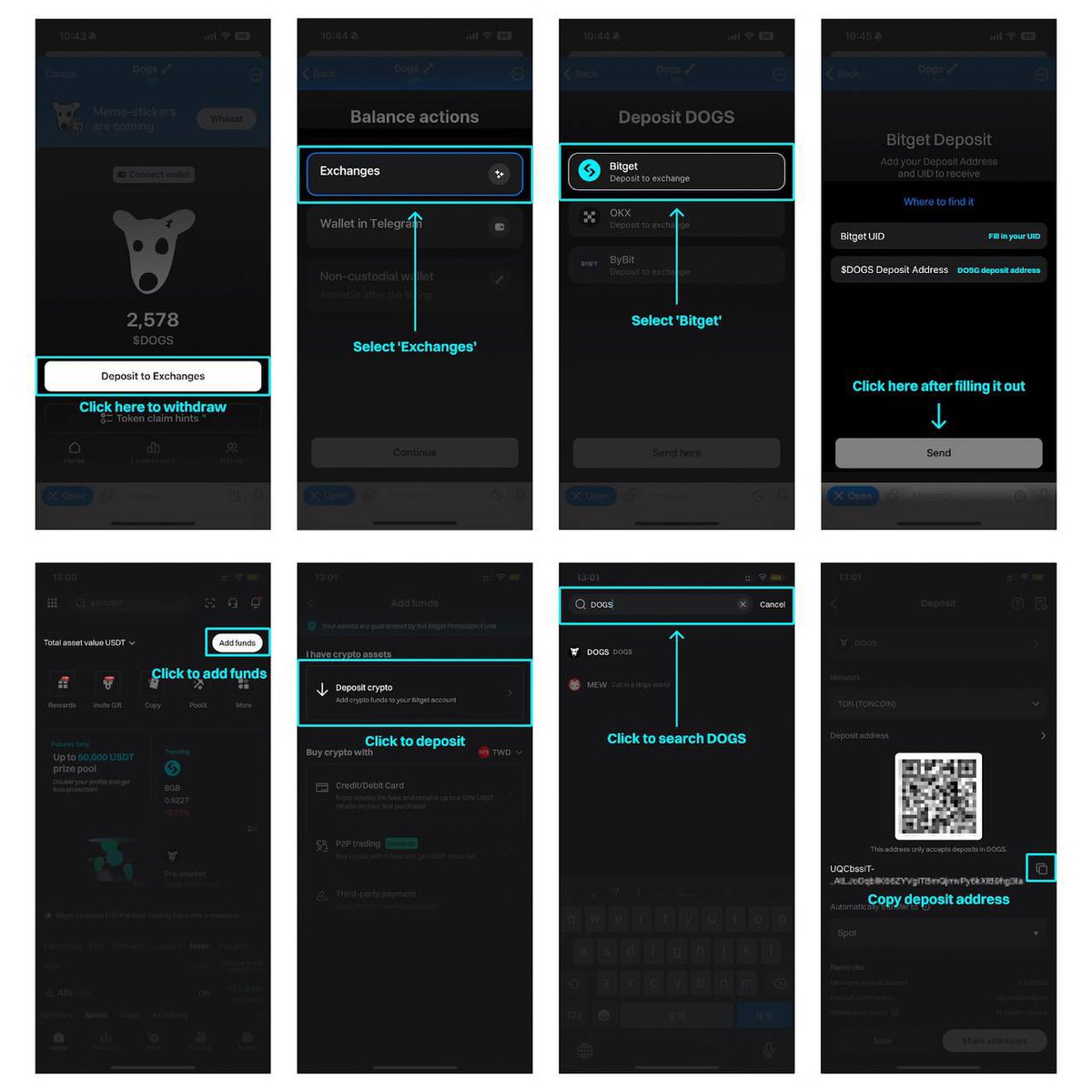 CryptoBourse_'s tweet image. 🚨 Announcement 🚨

Thrilling News #BitgetLuckyDogs!

You can now withdraw your $DOGS and deposit them on Bitget &quot;with no GAS fees&quot; required! 🐶 Woof Woof!! 🐶

Here’s how you can do it:

1️⃣ Open the DOGS TG mini program, then click on &quot;Deposit to Exchanges.&quot;

2️⃣ Select…