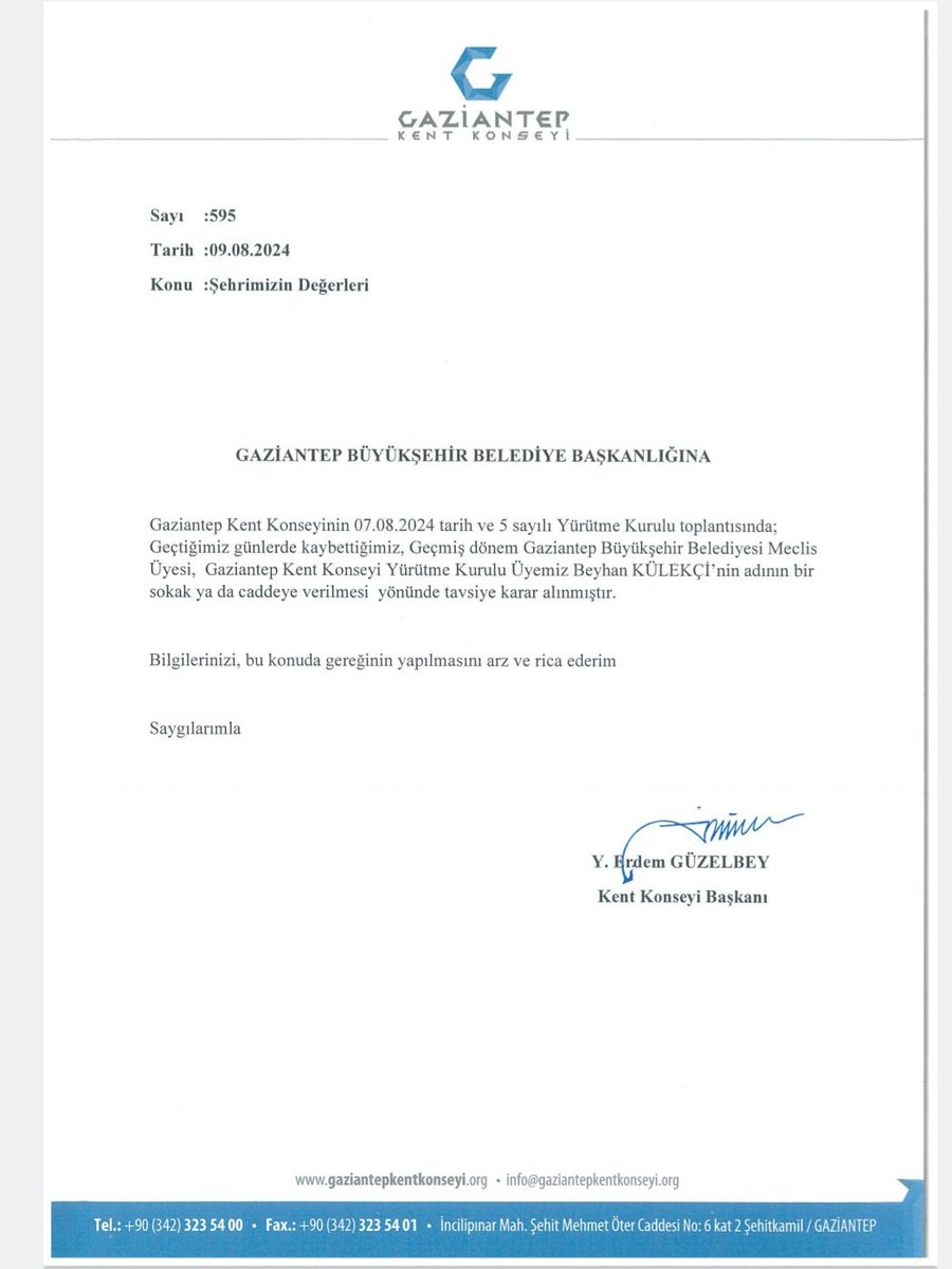 Geçtiğimiz günlerde kaybettiğimiz G.K.K Yürütme Kurulu Üyemiz Merhum Beyhan KÜLEKÇİ'nin isminin bir caddeye verilmesi konusundaki önerimiz <a href="/GaziantepBeld/">Gaziantep Büyükşehir</a> meclisi tarafından uygun görülmüştür.<a href="/GaziantepBeld/">Gaziantep Büyükşehir</a> Başkanımız Sayın <a href="/FatmaSahin/">Fatma Şahin</a> 'e ve GBB meclis üyelerimize teşekkür ederiz.