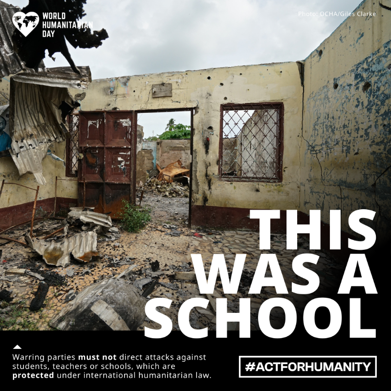 OCHAROWCA's tweet photo. When International Humanitarian Law is breached, the consequences are devastating.

These violations destroy lives and futures. 

Civilians, including humanitarian workers, are not and should never be allowed to be a target.

#WorldHumanitarianDay
 #ActForHumanity