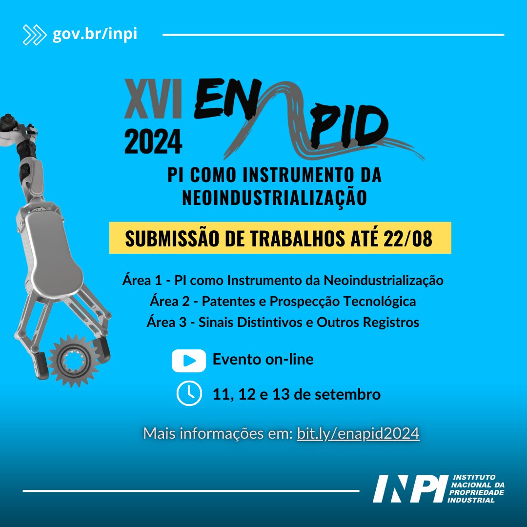 🚨 Atenção, pessoal! 🚨

O prazo de submissão de trabalhos para a 16ª edição do Encontro Acadêmico de Propriedade Intelectual, Inovação e Desenvolvimento – ENAPID 2024 termina no dia 22 de agosto!🗓️

Saiba mais e submeta seu trabalho aqui: bit.ly/enapid2024

#ENAPID2024