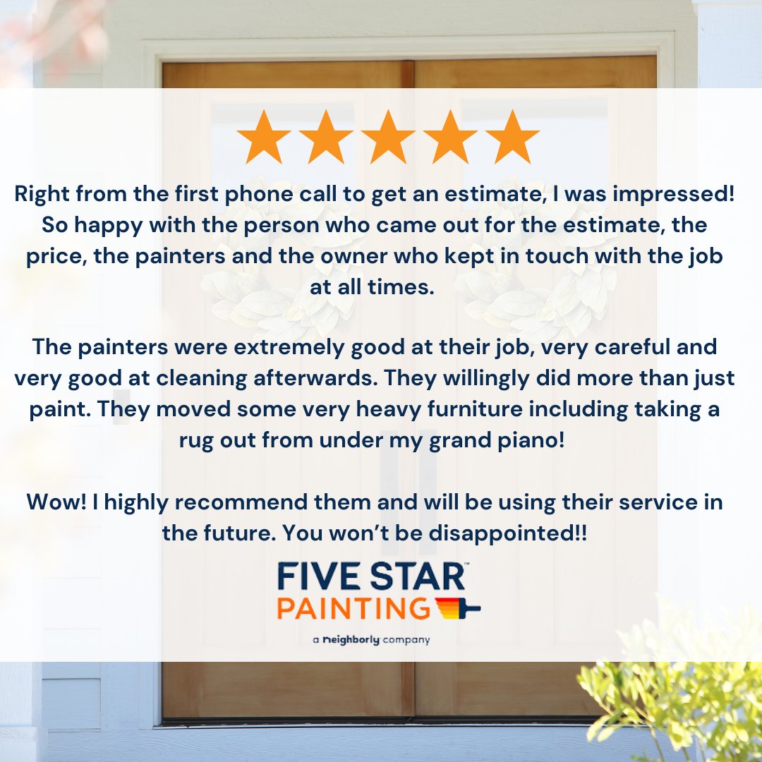 FiveNaples's tweet photo. Our painters are skilled professionals. We treat your home and belongings like they were our own and
take great care when moving items. Our prep work is just as important as the painting project.
Book now and see the Five Star difference for yourself. https://t.co/CKyyZqYFjZ