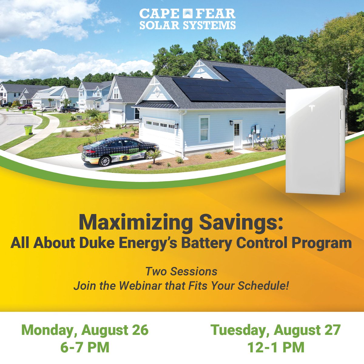 CapeFearSolar's tweet image. Interested in learning more about #DukeEnergy's #BatteryControl program? What if we said there was $9,000+ on the table? Learn more in our upcoming webinars:

August 26 (6-7pm)
Register at zurl.co/FsFm 

August 27 (noon-1pm)

Register at zurl.co/Vx9G