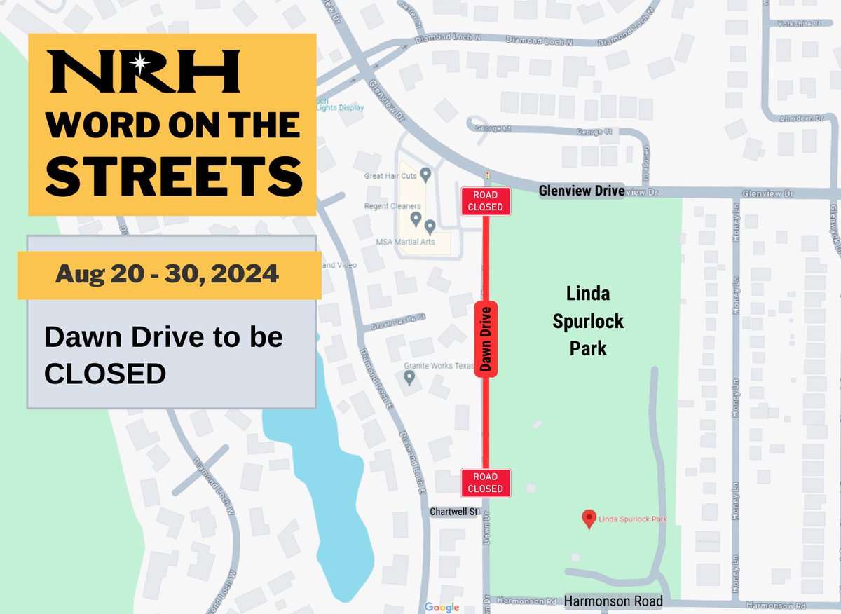 Starting Tuesday, Dawn Drive will be closed between Glenview Drive and Chartwell Street for the construction of a new storm drain system. This closure is expected to last until Aug. 30. Motorists who use this portion of Dawn Drive need to plan an alternate route.